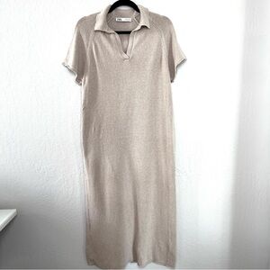 Zara Cream Linen Cotton Knit Maxi Shirt Dress Size Small Minimalist